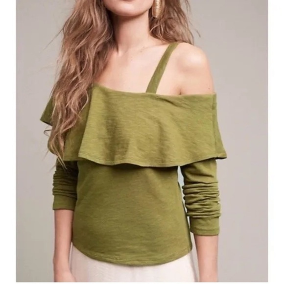 anthropolgie Postmark Olive Green One-shoulder Top size Sm - Picture 1 of 6